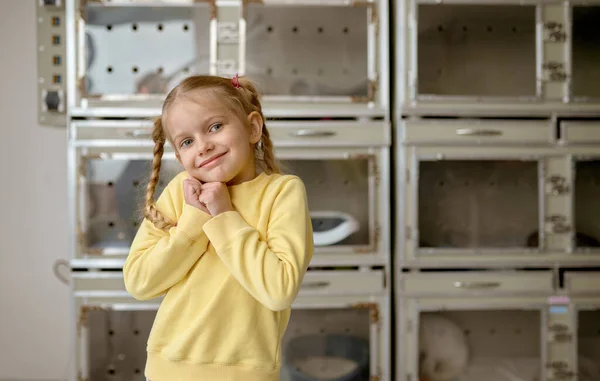 在家庭动物收容所或兽医店度过时光时 可爱的小女孩感到快乐的画像 — 图库照片