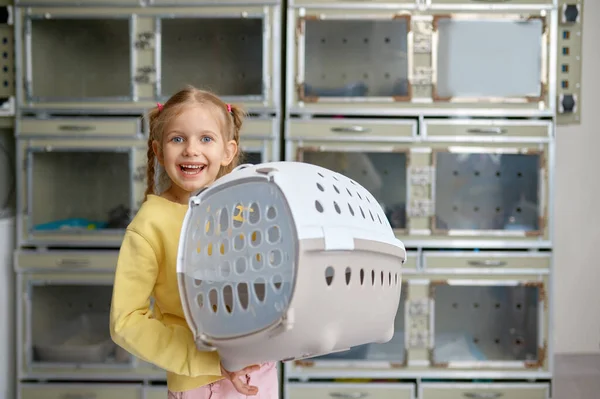 Portrait Little Girl Holding Cage New Pet Bought Veterinary Shop — Stock Photo, Image
