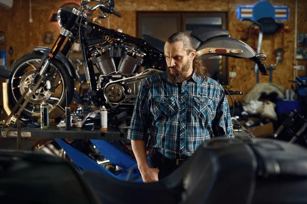 Portrait Bearded Brutal Biker Motorcycle Garage Workshop Motorbike Service — Stock Photo, Image