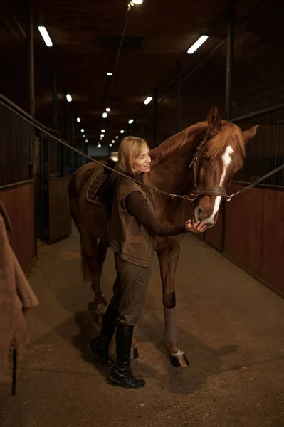Horsewoman Petting Horse Stroking Animal Muzzle Stable Interior Friendship Loving — Stockfoto