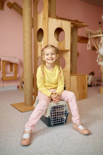 Portrait Cheerful Little Girl Sitting Cage Cat Shelter Playground Child — Stock Photo, Image