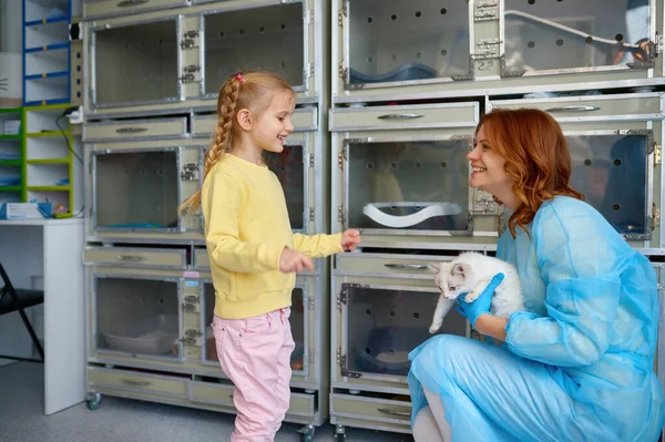 Счастливая Мать Маленький Ребенок Защитной Одежде Выбирают Кота Ветеринарном Магазине — стоковое фото