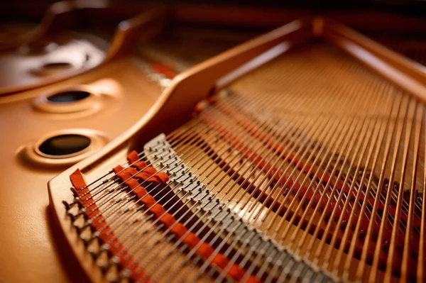 Selective focus with closeup view on hammers and strings inside grand piano. Musical keyboard instrument at shop store