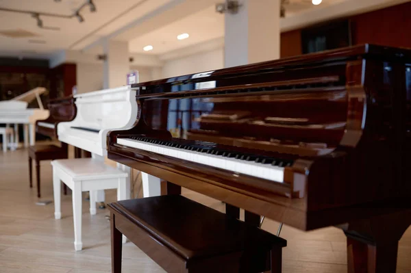 피아노 가게의 배경에는 현대적 이거나 빈티지 키보드 전시가 스튜디오 워크숍 — 스톡 사진