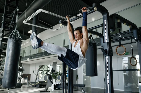 Strong Energetic Sportsman Perfect Muscular Body Pulling Bar Sport Studio — Stock Photo, Image