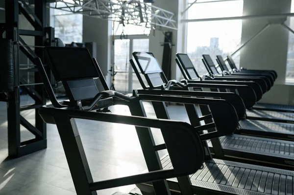Treadmills Set Modern Fitness Club Professional Equipment Cardio Workout Cross — Stock Photo, Image