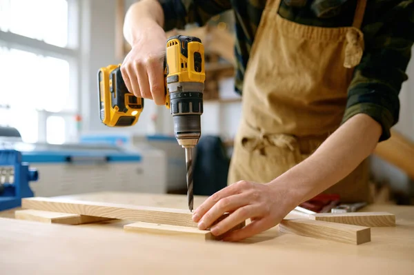 Carpenter Working Drill Leaning Table Carpentry Workshop Repairman Assembling Wooden — Stock Photo, Image