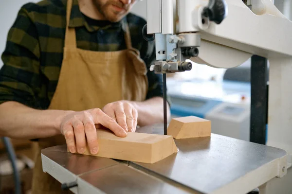 木匠用带锯切割胶合板 木匠和专业设备 选择性对焦的闭塞射击 — 图库照片