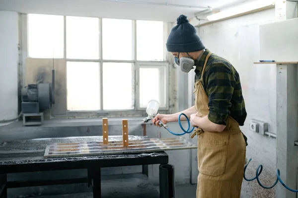 Young Man Carpenter Wearing Protective Clothes Varnishing Board Workshop Craftsman — Stock Photo, Image
