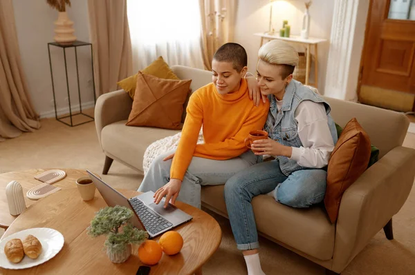 Счастливая Молодая Пара Использующая Ноутбук Сидящий Вместе Гостиной Веселые Подруги — стоковое фото
