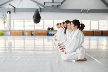 Kimono giyen genç aikido öğrencileri sırada oturuyorlar. Genç spor çocukları grup derslerinin başlamasını bekliyorlar ya da antrenman sırasında antrenörlerini dinliyorlar.
