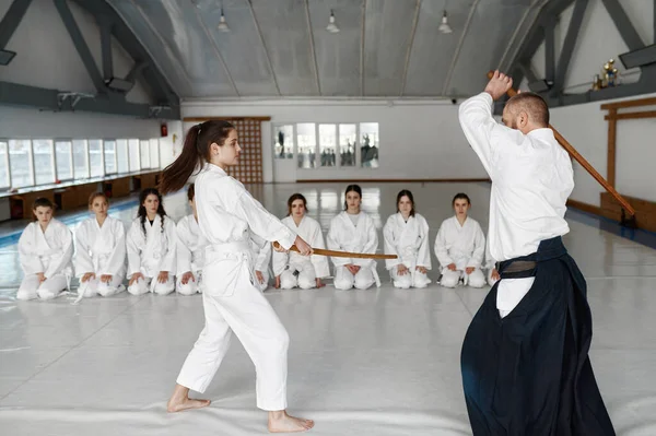 Kendo Master Sudent Fighting Wooden Sword Bokken Martial Arts Class — Stock Photo, Image