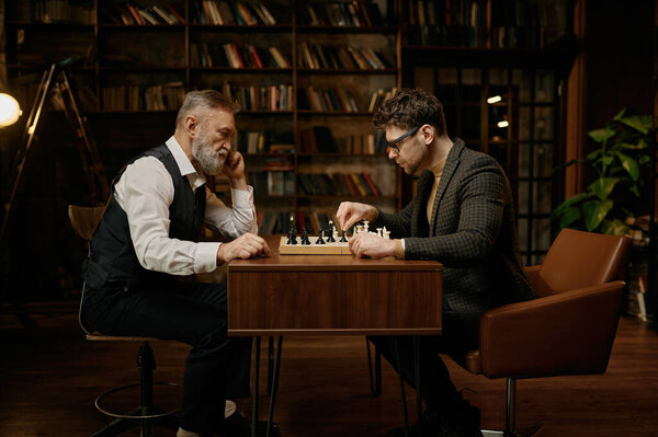 Side view on senior man and young guy passionate chess player having friendly match at home library. Enthusiastic old father playing with younger son enjoying logic board game