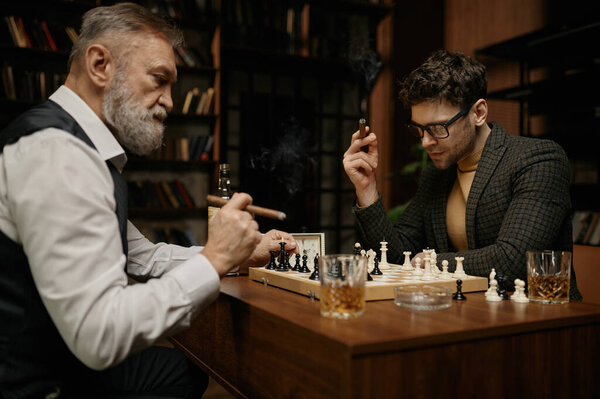 Family of intelligent people playing chess, smoking cigars and drinking whiskey. Senior and younger men sitting at table looking at chessboard. Weekend evening home masculine activity concept