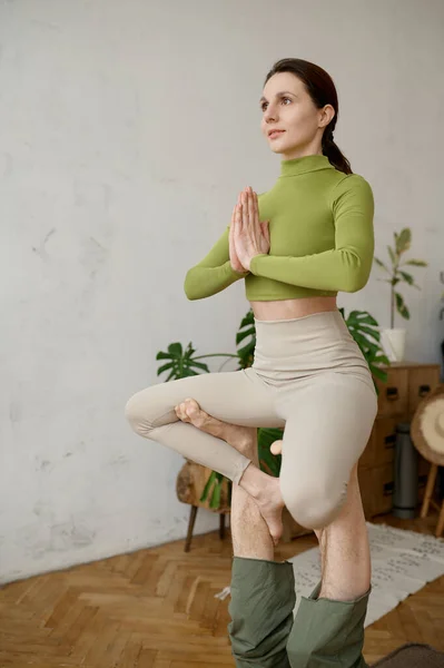 Portrait Young Woman Practicing Yoga Mindfulness Technique Breathing Meditating — Stock Photo, Image