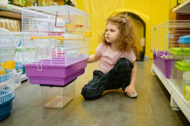 Küçük kız evcil hayvan dükkanında kemirgen için kafesin yanında oturuyor. Sevimli evcil hayvanını arıyor.