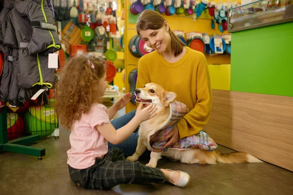 Young Mother Little Daughter Choosing Blanket Corgi Dog Pet Shop — Stock Photo, Image