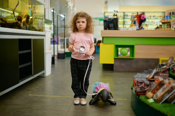Criança Menina Loja Animais Estimação Com Cão Brinquedo Compras Supermercado — Fotografia de Stock