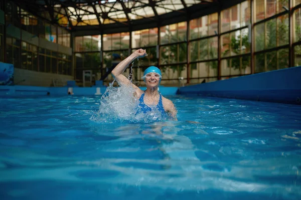 成功を祝う水から出てくる手を上げることで勝利拳をつかむ幸せな若い女性が泳ぐ 屋内スイミングプールでのプロのスポーツ女性のトレーニング — ストック写真