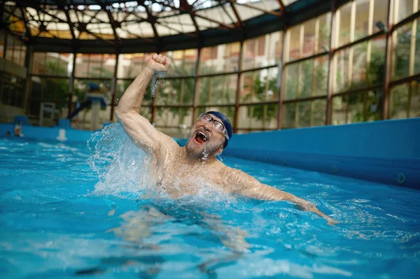 在室内游泳池举行的老年人游泳比赛中 老年人兴奋地举手庆祝胜利 — 图库照片
