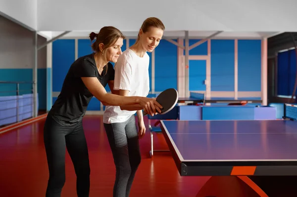 Adult Woman Instructor Teaching Female Student Play Table Tennis Sports — Stock Photo, Image