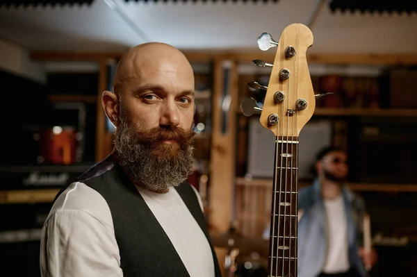 Headshot Portrait Rock Band Guitarist His Music Instrument Bearded Mature — Stock Photo, Image