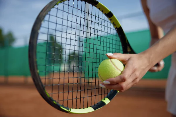 Closeup Selective Focus Ball Tennis Racket Female Hand Private Training — Stock Photo, Image
