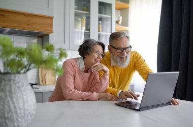 Ev mutfağında dizüstü bilgisayar kullanarak internette gezinen emekli bir aile. Emeklilik kavramında alışveriş, rahatlama ve yaşlılar için dijital teknoloji