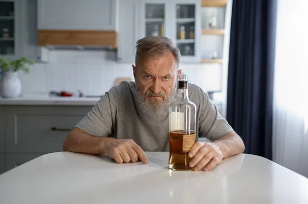 Portrait Lonely Drunk Man Feeling Depressed While Sitting Table Home — Stock Photo, Image