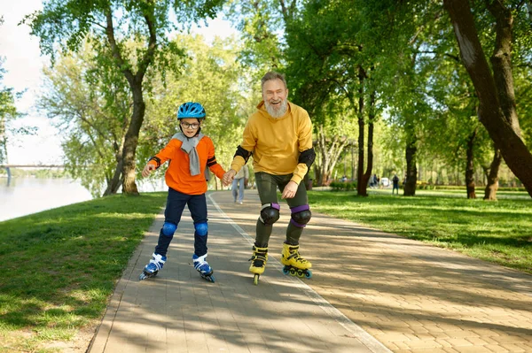 Happy Senior Man Little Boy Rollerskating Urban Park Grandfather Grandson — Stock Photo, Image