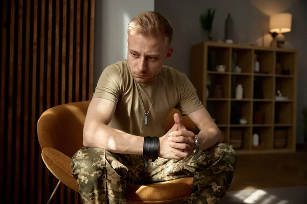 Portrait Military Man Being Deep Thoughts Feeling Sorrowful Loneliness Sitting — Stock Photo, Image