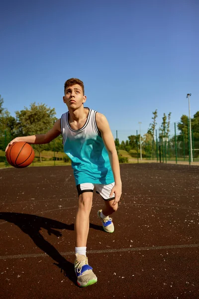 Young Teenager Training Street Court Playing Basketball Active Sport Time — Stock Photo, Image