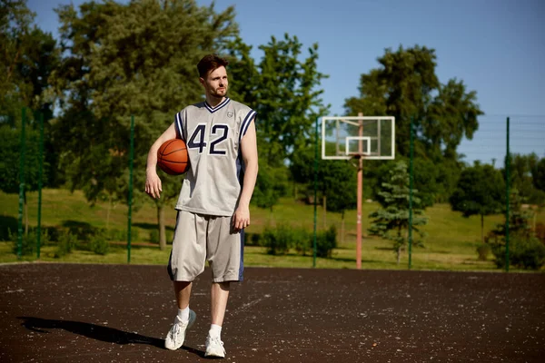 Serious Young Basketball Player Walking Ball Sport Training Street Court — Stock Photo, Image