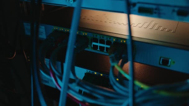 Cables Cables Datos Primer Plano Conectados Mainframe Hardware Sala Servidores — Vídeos de Stock