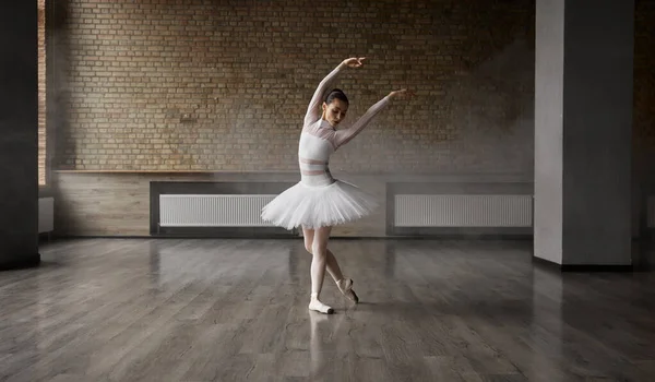 Hermosa Bailarina Femenina Con Vestido Tutú Zapatos Puntiagudos Actuando Interiores —  Fotos de Stock