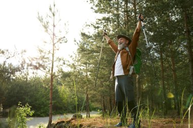 Mutlu kıdemli yürüyüşçüler el kaldırarak seviniyor ve hedefe ulaşıyorlar. Özgürlük, sağlık ve doğa üzerine spor eğitimi