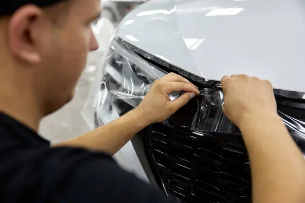 Protection Film Applying Process Car Garage Closeup Luxury Automobile Coating — Stock Photo, Image