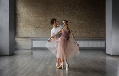 Güzel, genç bale dansçıları koreografi sanatını icra ediyorlar. Profesyonel sanatçıların duygusal düeti