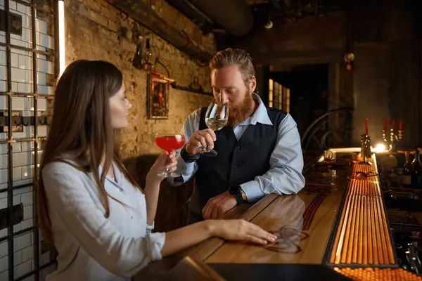 Man Picking Woman Bar Mature Gentleman Starting Nice Conversation Young — Stock Photo, Image