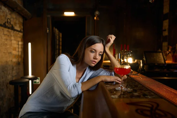 Lonely Sad Woman Sitting Bar Touching Glass Wine Feeling Depressed — Stock Photo, Image