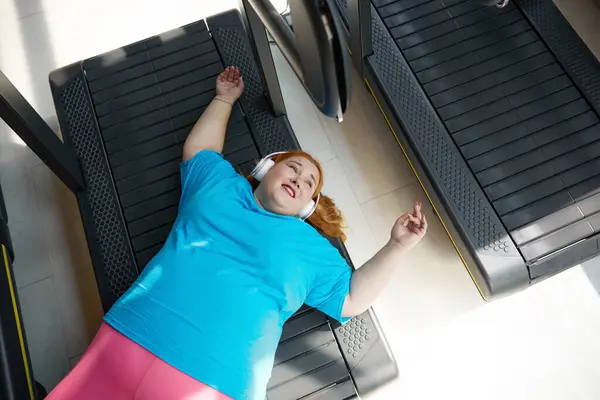 High Angle View Happy Tired Overweight Woman Lying Treadmill Machine — Stock Photo, Image