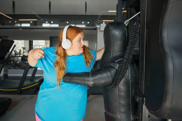 Motivated Fat Woman Doing Punching Exercises Boxing Gym Size Sporty — Stock Photo, Image