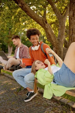 Çok ırklı üniversite öğrencileri parkta birlikte otururken iletişim kuruyor. Gençler kitap okuyor, dizüstü bilgisayarla çalışıyor, sosyal medyada sohbet ediyor ve eğleniyorlar.