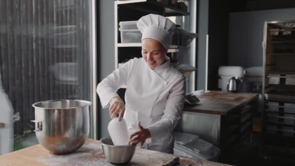 Female Baker Chef Mixing Flour Sourdough Big Metal Bowl Homemade — Stock Video
