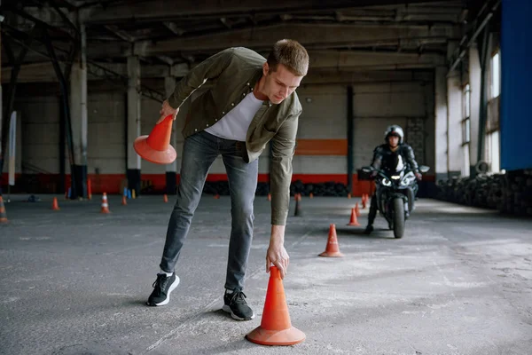 Motorbike Driving School Lesson Instructor Putting Cone Track Front Student — Stock Photo, Image