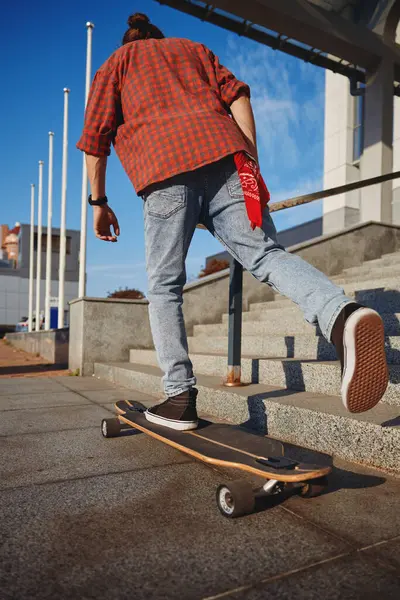 Hipster Man Riding Skateboard City Street Casual Guy One Foot — Stock Photo, Image