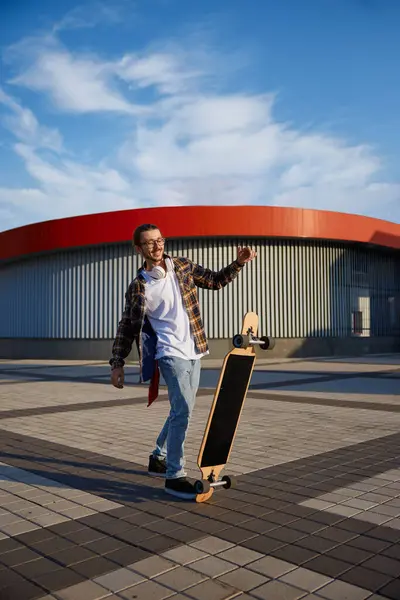 Excited Skilled Hipster Guy Making Stunt Skateboard Riding Fast Urban — Stock Photo, Image