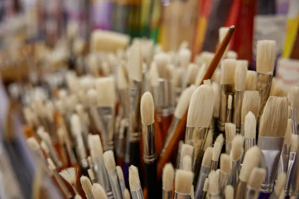 Paints brush for drawing at stationery shop. Artistic paintbrushes assortment for artist, creative studio and art class