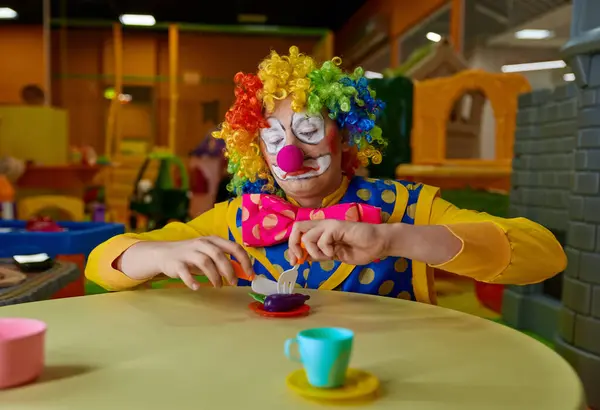 Funny Clown Wearing Multi Colored Wig Costume Playing Toy Tea — Stock Photo, Image