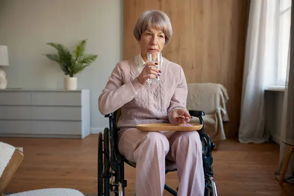 Lonely Sad Old Woman Wheelchair Taking Prescribed Pills Rehabilitation Healthcare — Stock Photo, Image